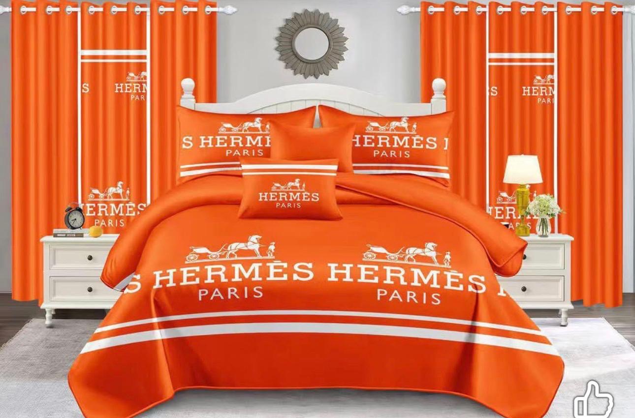 Orange Designer-Inspired 9-Piece Bedding and Curtain Set