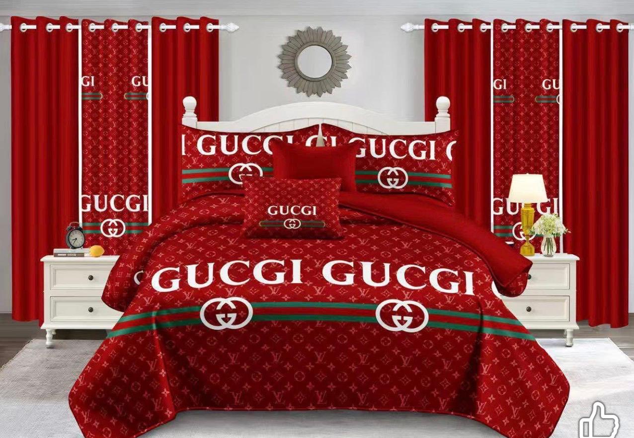 Red Designer-Inspired 9-Piece Bedding and Curtain Set