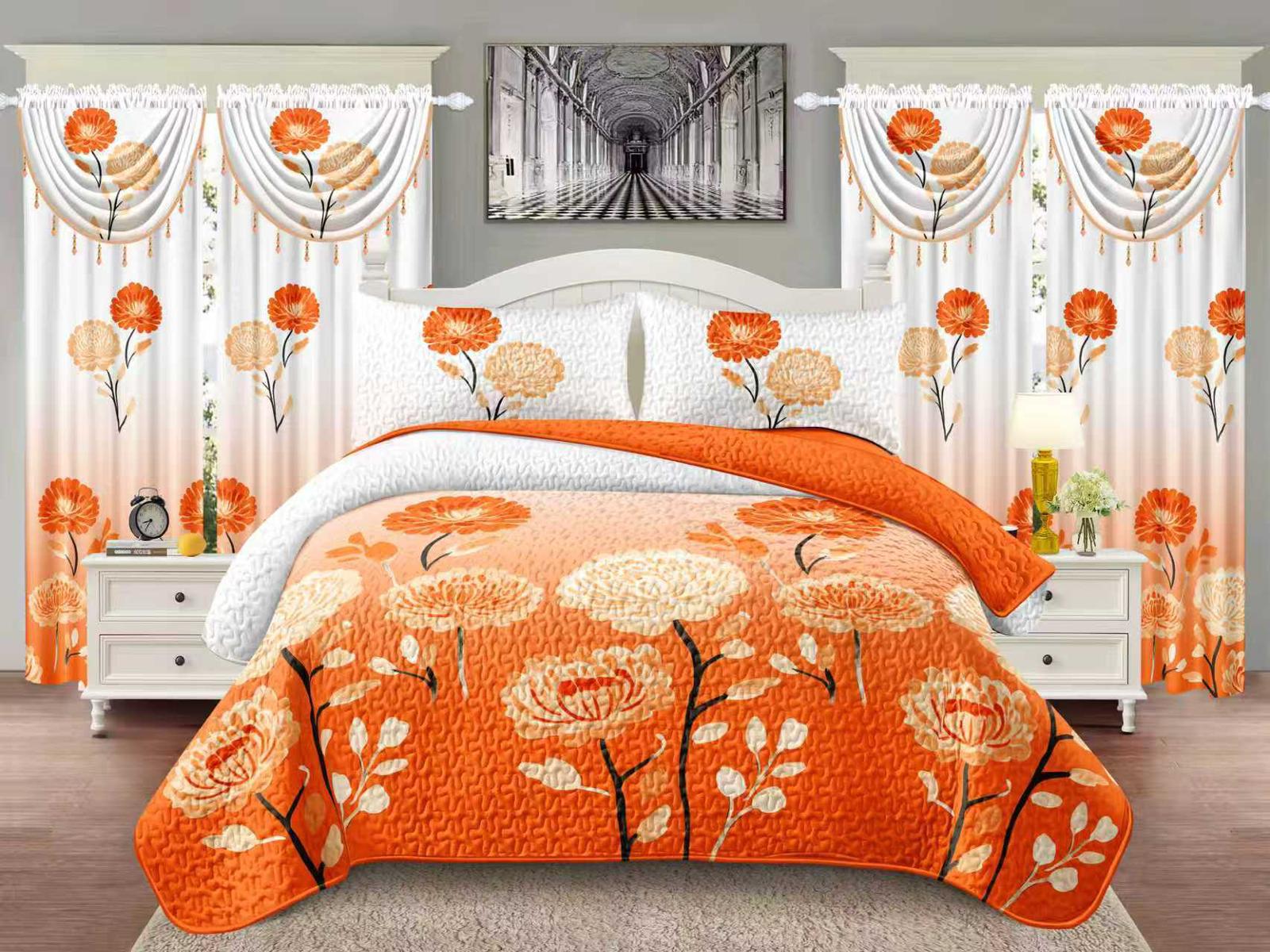 5 Star Orange Coral Floral 7-Piece Bedspread and Curtain Set